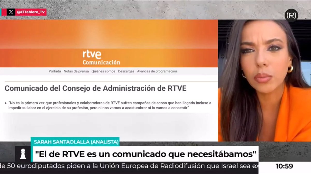 "Sienta un precedente muy valiente, muy coherente y muy solidario" Sarah Santaolalla. ♀ sobre el Comunicado del Consejo de Administración de RTVE en torno al acoso contra ella y Laura Arroyo 👇🏽 📺 EL TABLERO |