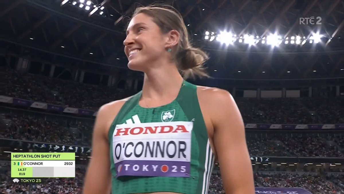 Kate O'Connor's first throw of 14.37 metres was enough for fifth in the shot put phase of the heptathlon and the Irishwoman is now outright third after three of seven events 📺Watch the #WorldAthleticsChamps live on RTÉ2 and RTÉ Player
