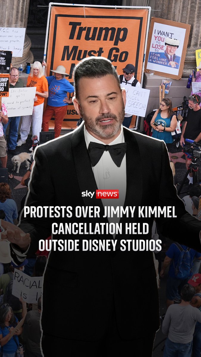 Protests over Jimmy Kimmel's cancellation have been held outside the Disney, ABC and Hollywood studios Protesters held banners and shouted anti-Trump chants outside several company buildings in opposition to the decision to take the talk show off-air indefinitely 