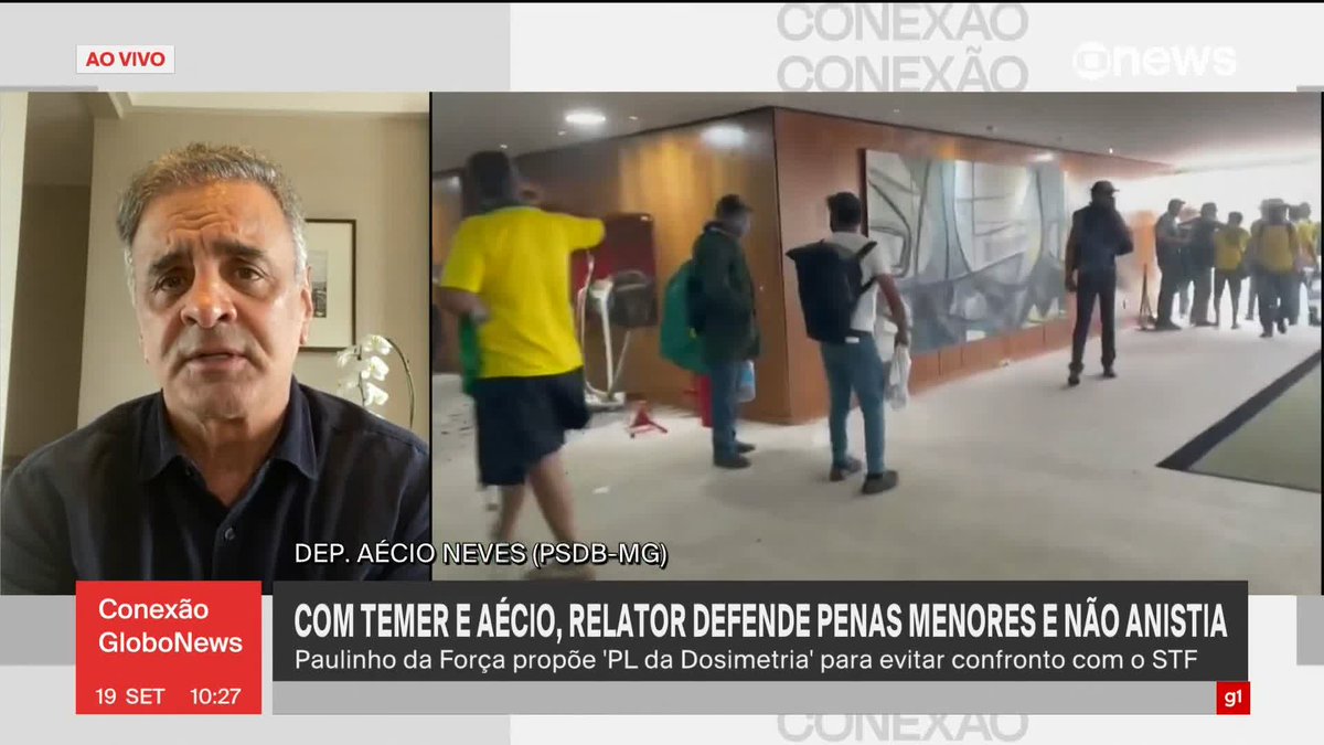 “Não se trata mais de anistia. Anistia é inconstitucional. Vamos tratar a partir de agora da dosimetria das penas”, diz deputado Aécio Neves (PSDB-MG). #ConexãoGloboNews ➡️ Assista à #GloboNews: