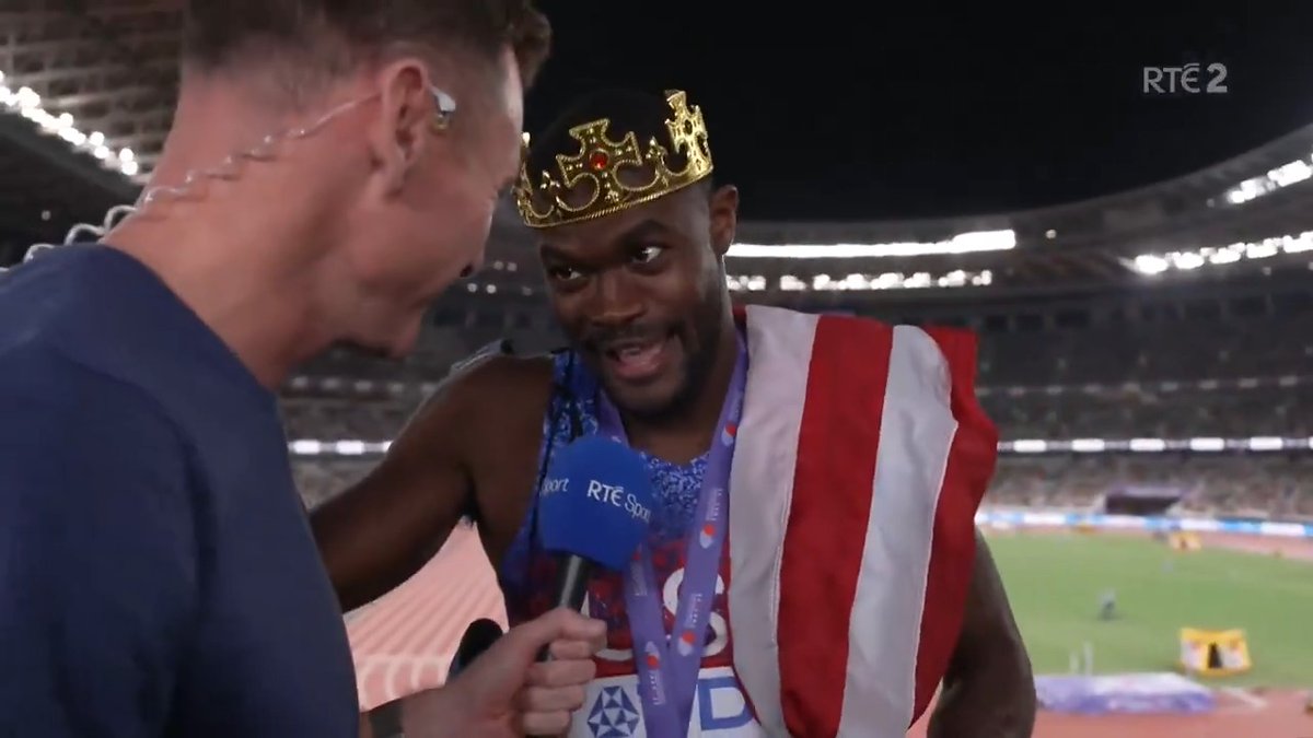 "I need that Guinness now!" - David Gillick caught up with new 400m hurdles king Rai Benjamin, after the American was dramatically disqualified and then reinstated as the gold medallist 📺Watch the #WorldAthleticsChamps on RTÉ2 and RTÉ Player