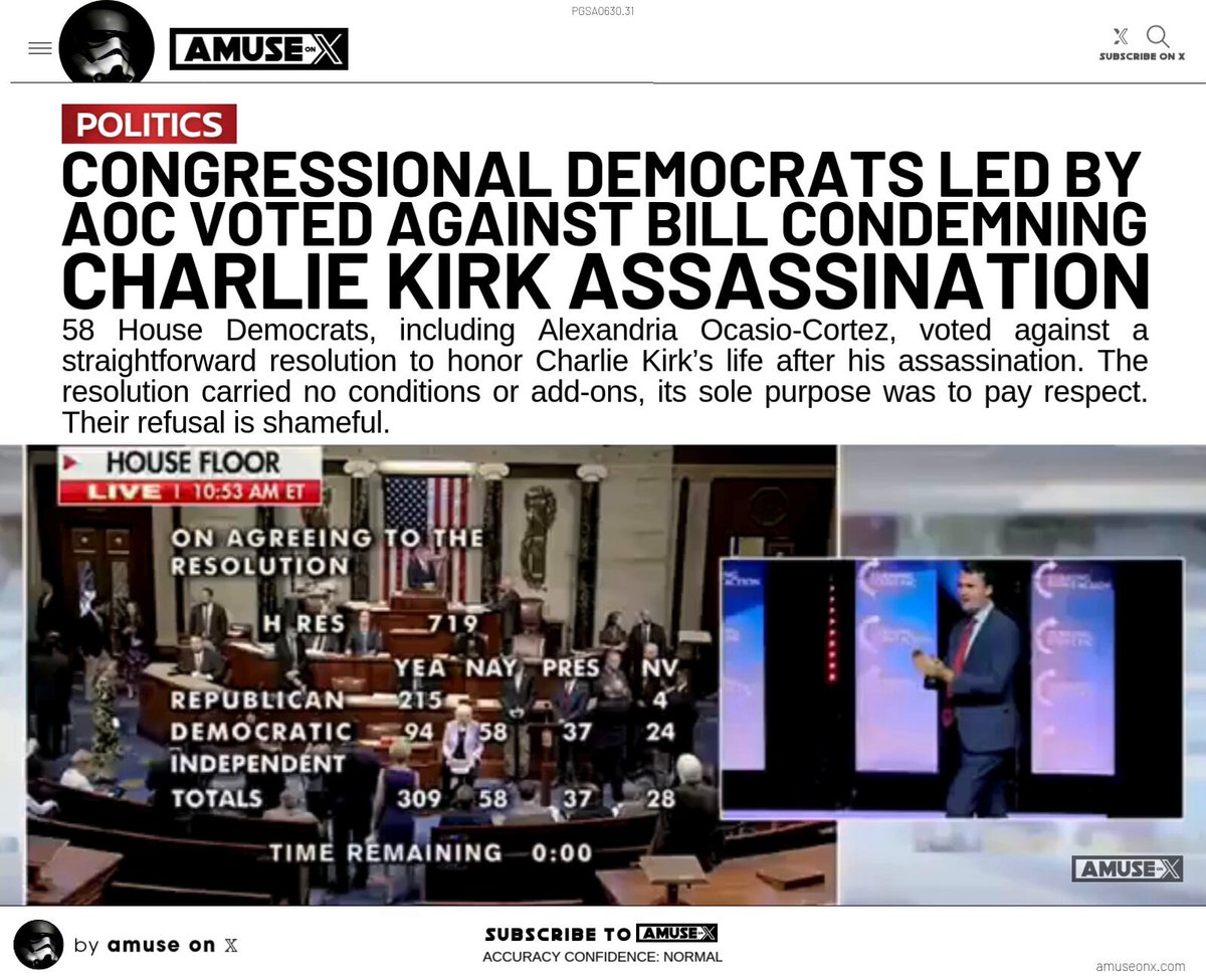 HATE: AOC led 58 Democrats voting against condemnation of the assassination of Charlie Kirk. The resolution honoring the life of Charlie Kirk passed the House 308 to 58. h/t Gator Gar