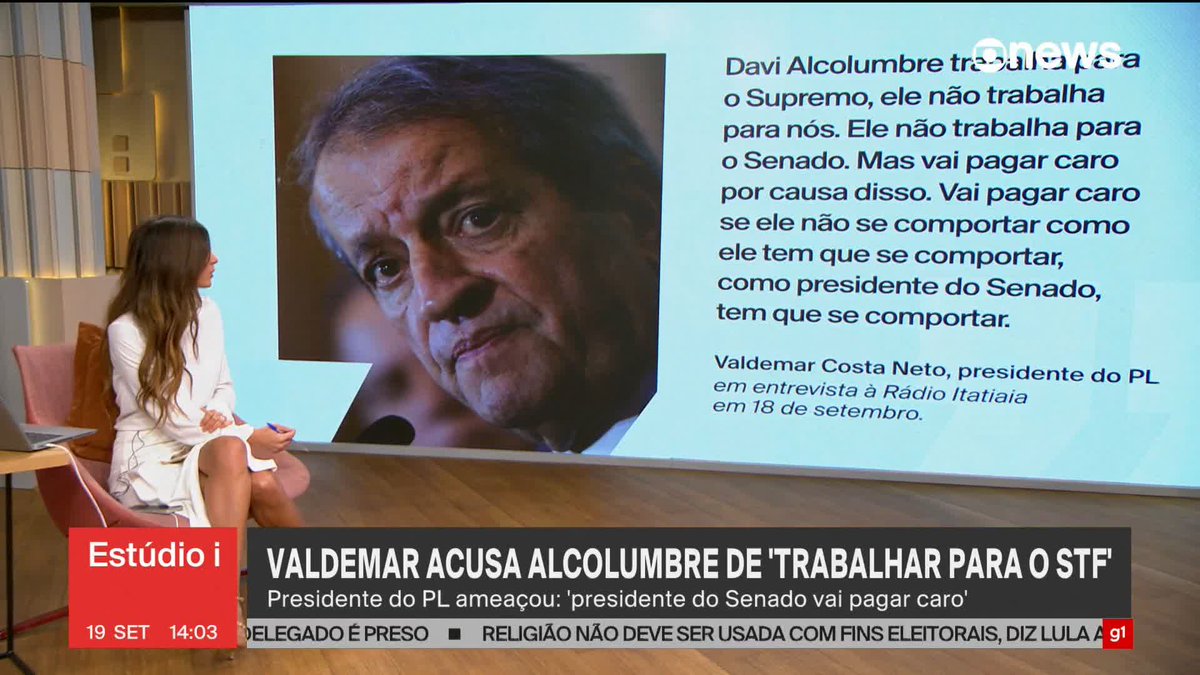 Valdemar Costa Neto critica e ameaça Davi Alcolumbre. O presidente do PL disse que o presidente do Senado “trabalha para o Supremo” e que ele “vai pagar caro por causa disso”. #Estúdioi ➡ Assista à #GloboNews: