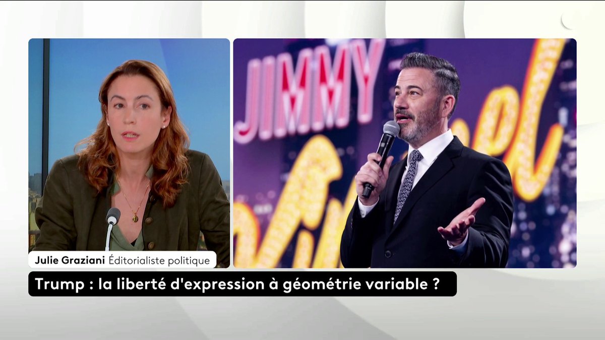 🔴 DIRECT - 🗣 "Jamais une émission n'a été supprimée avant ce que fait Donald Trump." Echange virulent entre Laurence Haim, journaliste spécialiste des Etats-Unis et Julie Graziani, éditorialiste politique, pour qui le renvoie de Jimmy Kimmel est comparable "aux méthodes infectes inventées par la gauche wokiste". #franceinfo #canal16