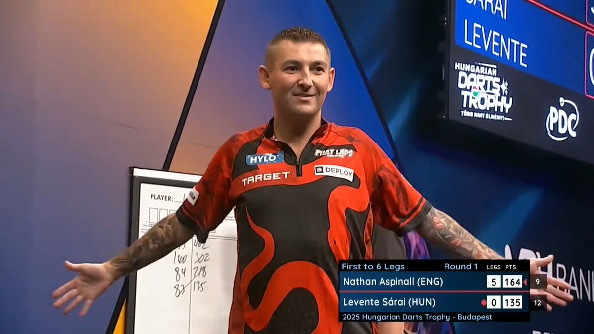 164 TO WIN IT! 😳 Nathan Aspinall seals a whitewash victory over Hungary's Levente Sarai with a SENSATIONAL 164 checkout! 📺 #ET12