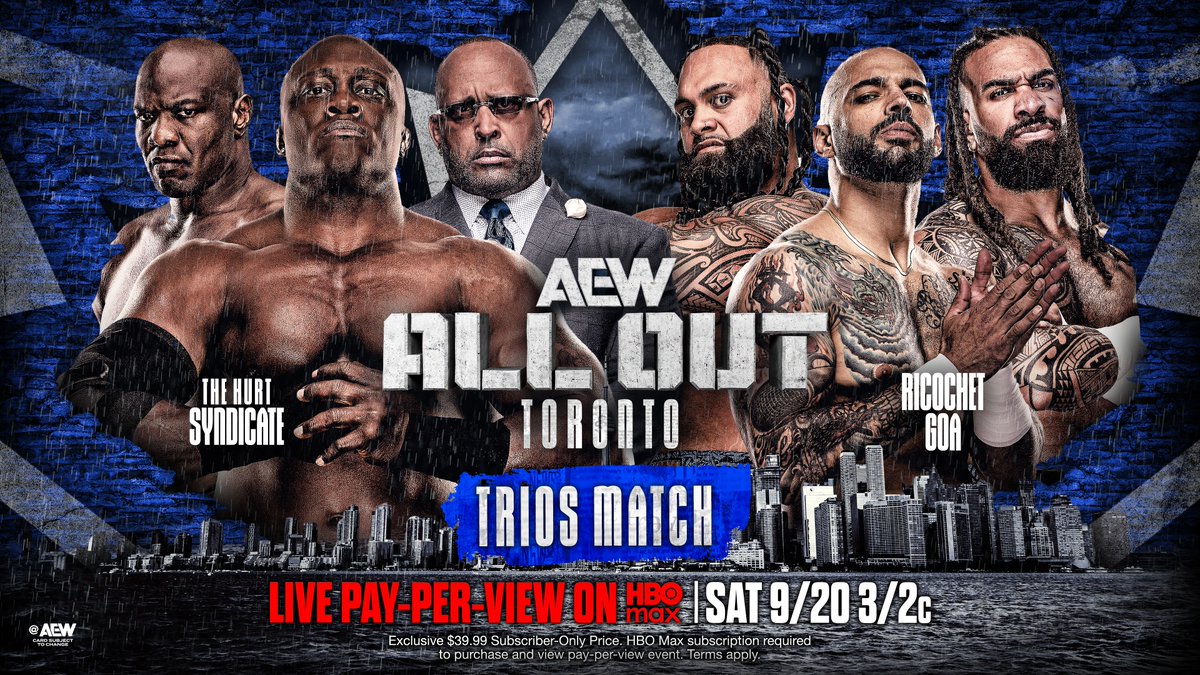 #AEWAllOut LIVE on HBO MAX, 3ET/Noon PT Tomorrow Afternoon! Trios Match The Hurt Syndicate vs Ricochet + GOA It's more than business for Lightskin Kingpin, Toa Liona + @TheKaun, it's personal. MVP, @FightBobby + @SheltyB803 accepted the challenge & they'll fight at ALL OUT!