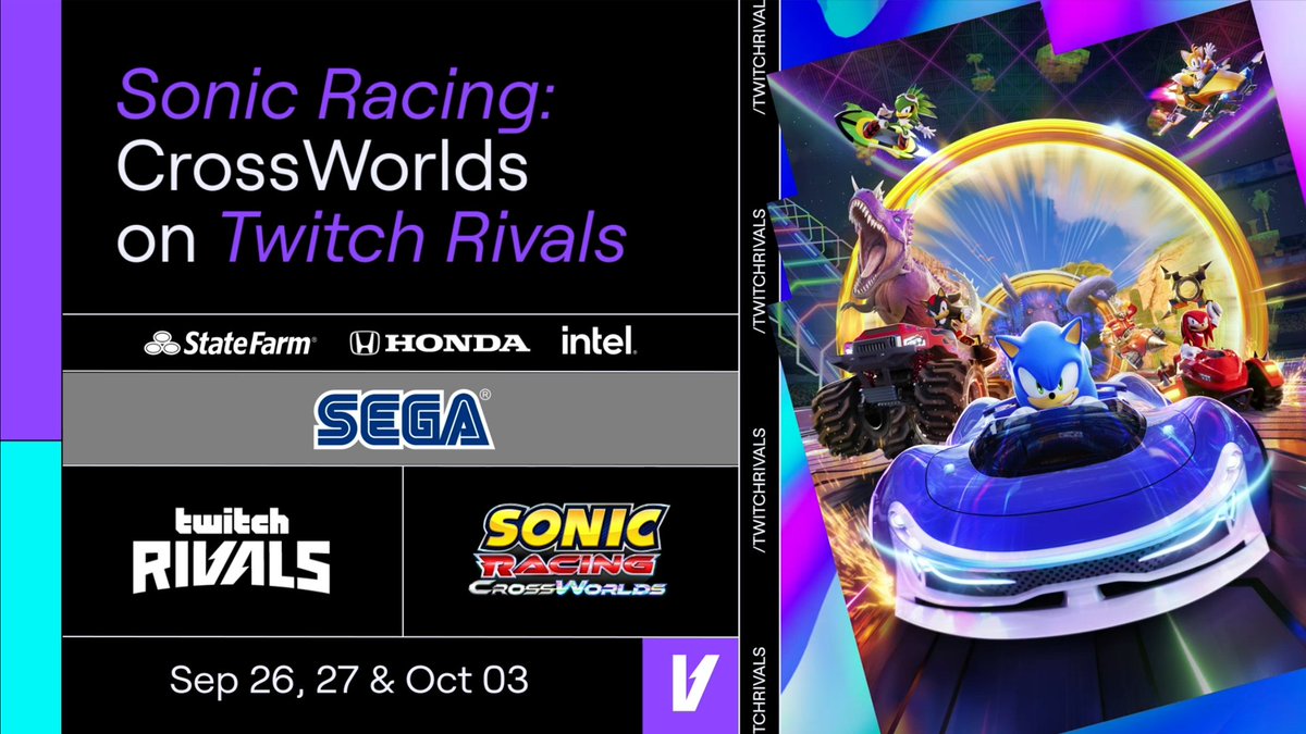 Tune in to our first-ever Sonic Racing: CrossWorlds tournament through Twitch Rivals! ▶️ NA Qualifiers: September 26th @ 2:00pm PT ▶️ EU Qualifiers: September 27th @ 10:00am PT ▶️ Finals: October 3rd @ 12:00pm PT 48 racers. 1 winner per bracket. Watch on Twitch Rivals!