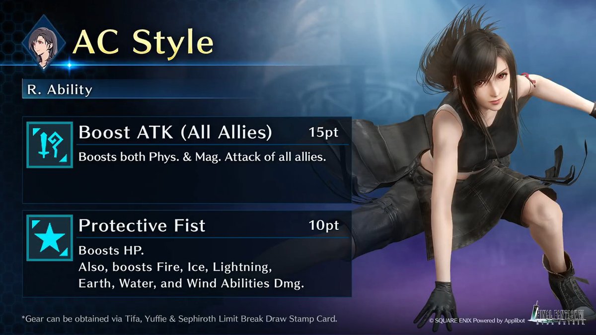Check out Tifa's AC Style! Get this Tifa-Exclusive Gear from Tifa, Yuffie &amp; Sephiroth Limit Break Draw on the Stamp Card! #FF7EC #FF7EverCrisis #FF7
