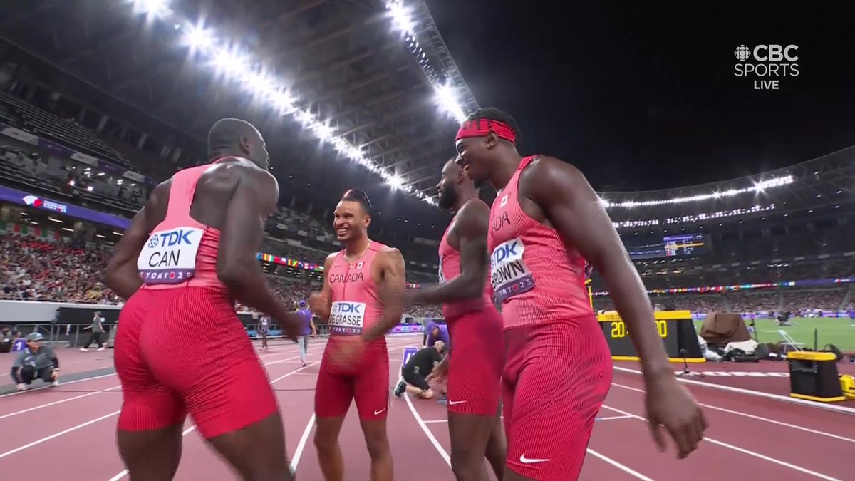 CANADA PULLS IT OFF AGAIN 🇨🇦👀 The men's 4x100m relay Olympic champs finish first in their heat above both USA and Jamaica, advancing to tomorrow's final at #WCHTokyo25 Jamaica will NOT advance to the final