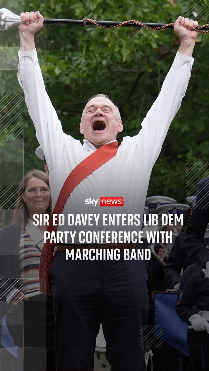 Liberal Democrats leader Sir Ed Davey marched into the party's conference in Bournemouth in what Sky's political correspondent Amanda Akass described as a 'joyful' moment intended to set the Lib Dems apart from 'divisive politics'. More Lib Dems news 🔗