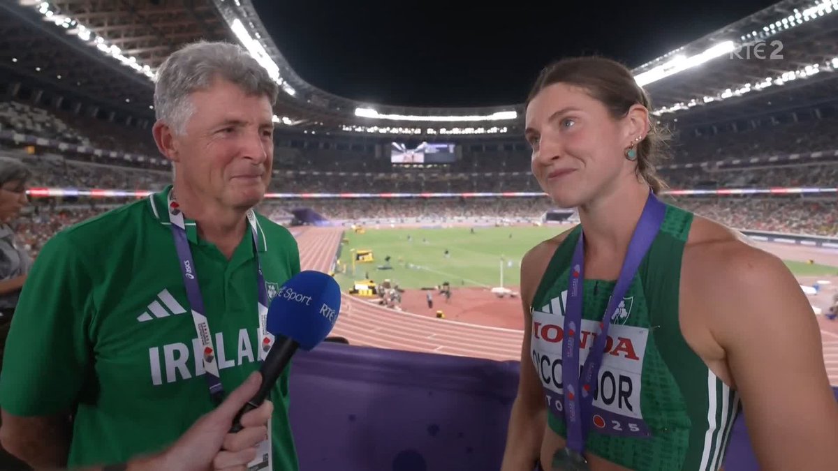 "I feel ecstatic, I feel proud, I feel really proud to be Irish" - An emotional Kate O'Connor, and very proud dad Michael, reflect on her remarkable heptathlon silver medal at the World Athletic Championships in Tokyo #RTEsport #WorldAthleticsChamps