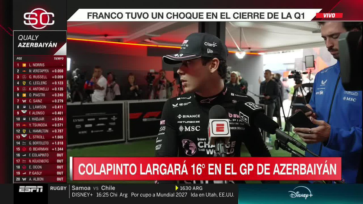 🗣️ ¡Franco Colapinto post clasificación! “No sabía si era bandera amarilla o blanca. Gasly frenó yo frené un pelín de más y se me fue el auto.” “Prefiero chocar yendo rápido que ir lento y no chocar. Dentro de lo malo hay cosas positivas.” ©️ESPN