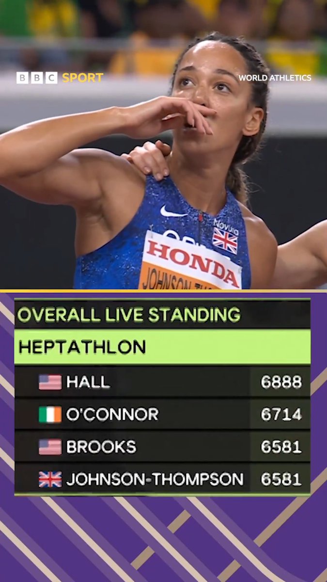 First there was the confusion... Then the realisation... And then the medal. Katarina Johnson-Thompson shared bronze with Taliyah Brooks in the heptathlon at the #WorldAthleticsChamps. 🥉