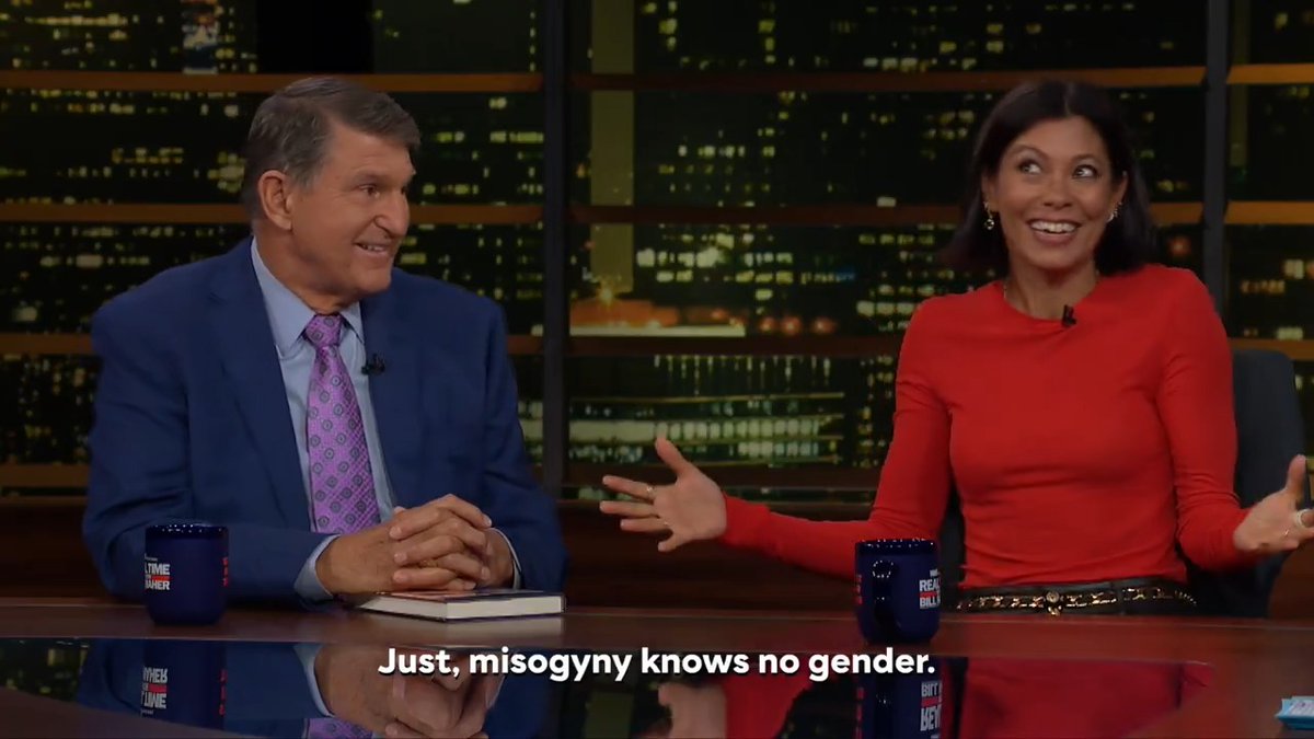 "Misogyny knows no gender." Watch @AlexWagner and Senator Joe Manchin discuss Kamala Harris' new book, 'woke words' and government shutdowns with @BillMaher on this week's #RTOvertime: