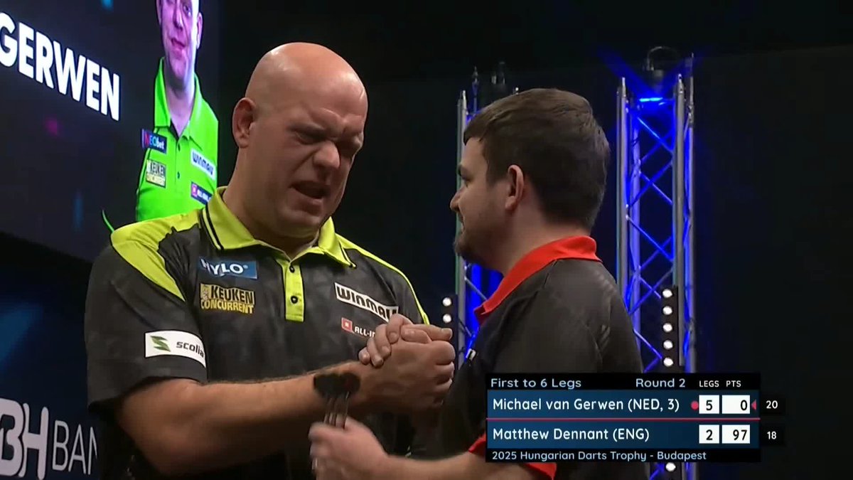 VAN GERWEN SAFELY THROUGH! Michael van Gerwen kicks off his defence of the Hungarian Darts Trophy with a comfortable 6-2 win over Matthew Dennant! MvG will take on Danny Noppert in an all-Dutch tie tomorrow! 📺 #ET12 | R2