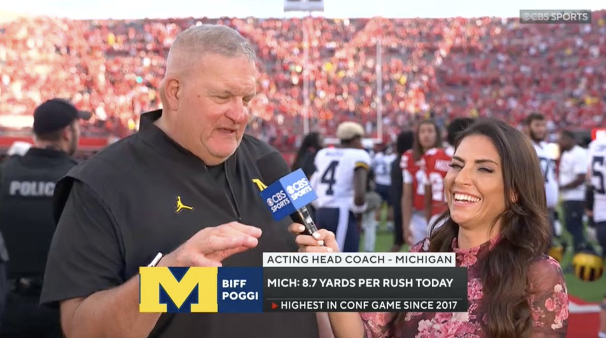 "Wink Martindale... we're gonna put him in bubble on the plane on the way back so nothing happens to him... I'm so happy for Sherrone Moore. I left you a note on your desk." Michigan Football's acting head coach Biff Poggi spoke with Jenny Dell after the road win