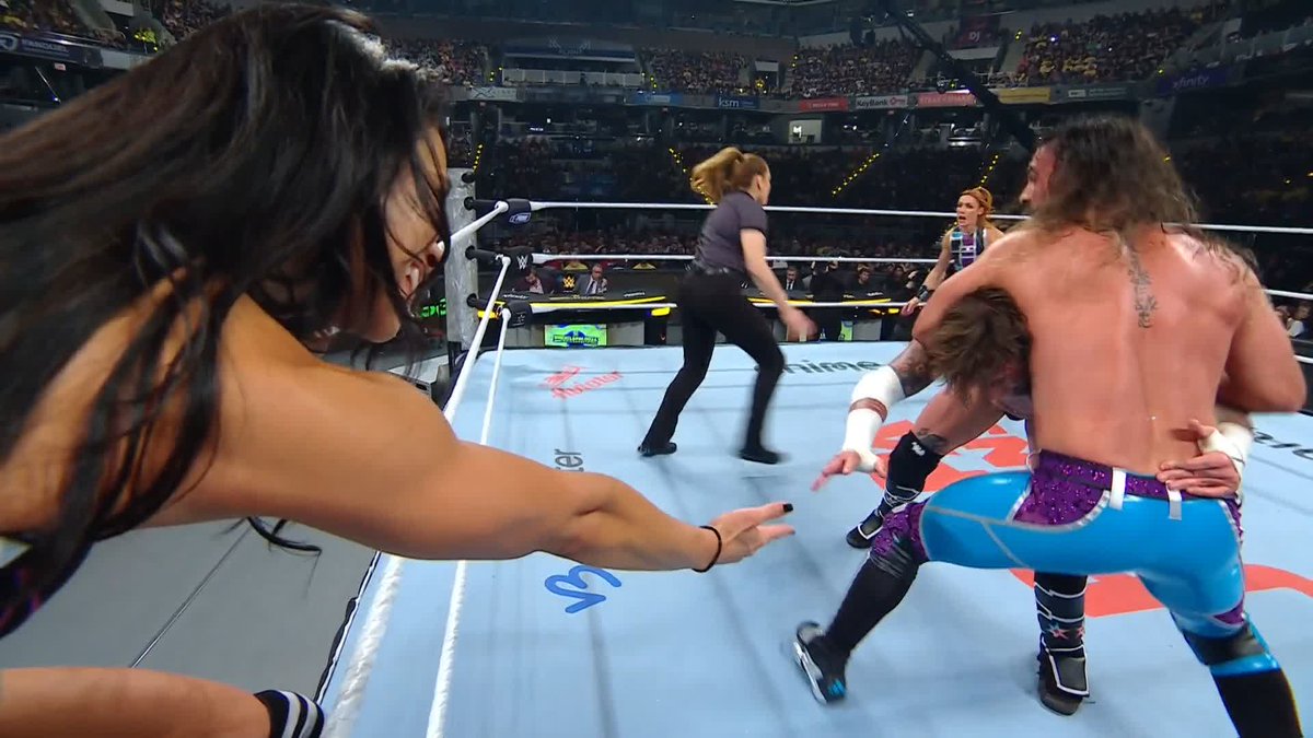 Ref didn't see the tag! But Seth Rollins just dropped Rebecca Quin to the ground by accident! 😅 Stream Wrestlepalooza RIGHT NOW on the ESPN App: