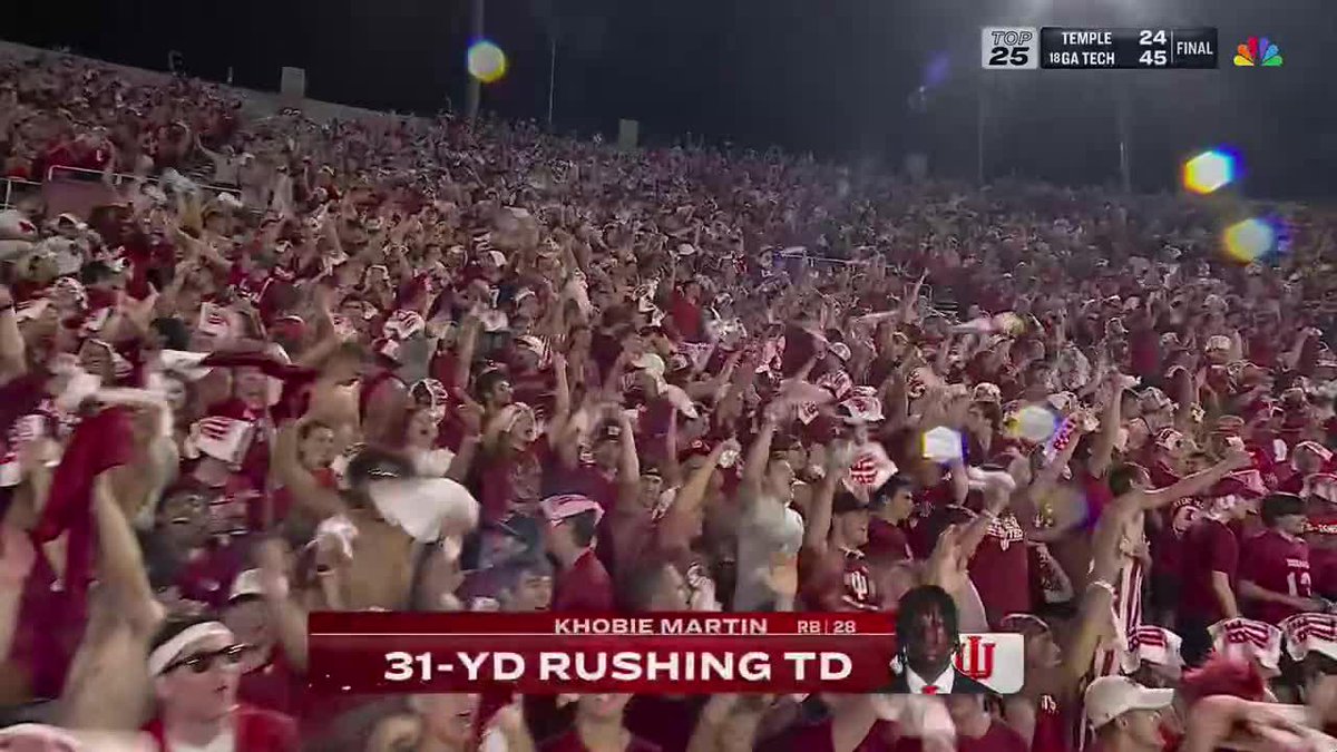 Rain isn't slowing down these Hoosiers 😤 Khobie Martin makes it 56-10, the most points Indiana Football has EVER scored against an AP Top-10 team 🔥 📺: NBC