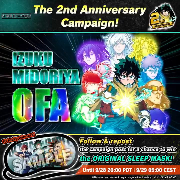Only a few sleepless nights remain until #MHUR 2nd anniversary and Season 13 arrive! To help with that, enter to win one of 10 original sleep masks! To enter: ① Follow MY HERO ULTRA RUMBLE ② Repost this post 10 winners will receive an original sleep mask!