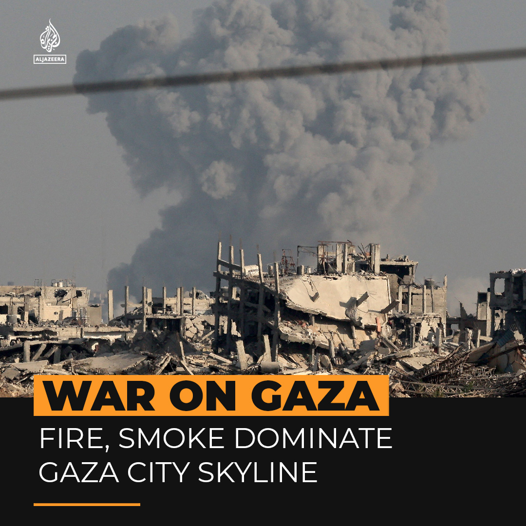 Israeli bombardment and remotely controlled explosive robots are destroying Gaza City’s homes, schools, and civilian infrastructure, darkening the skyline with smoke and forcibly displacing thousands of Palestinians.