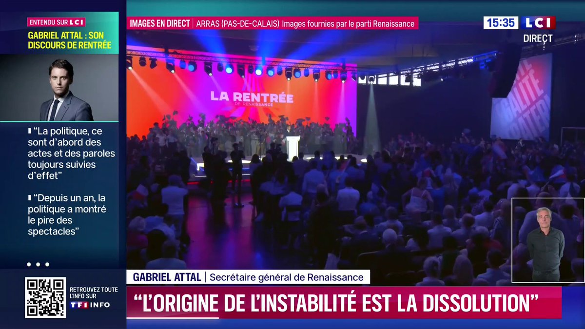 Meeting de Renaissance : "Plutôt que de nous demander (...) comment taxer Mistral AI, demandons-nous comment avoir un 2e Mistral, un 3e Mistral, un 4e Mistral... Certainement pas en créant des impôts supplémentaires !", estime Gabriel Attal. ▶️ avec Bénédicte Le Chatelier