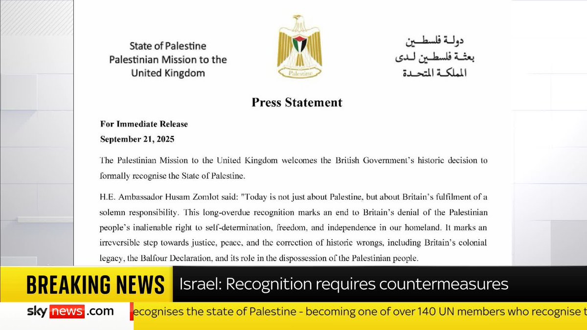 The Palestinian mission to the UK has said it 'welcomes' the government's 'historic' and 'long overdue' decision to recognise the state of Palestine. Latest reaction to the decision: 📺 Sky 501, Virgin 602, Freeview 233 and YouTube
