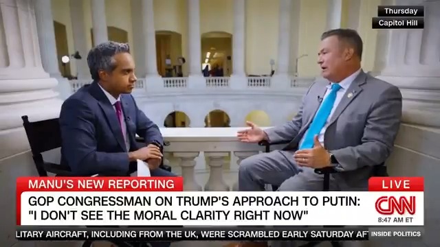 Rep. Don Bacon says he doesn't see "moral clarity" out of the White House and President Trump is sending "moral ambiguous messages about Ukraine and Russia." When asked by Manu Raju if Trump has the moral character to be president, Bacon says: "I think I'll skirt around that."