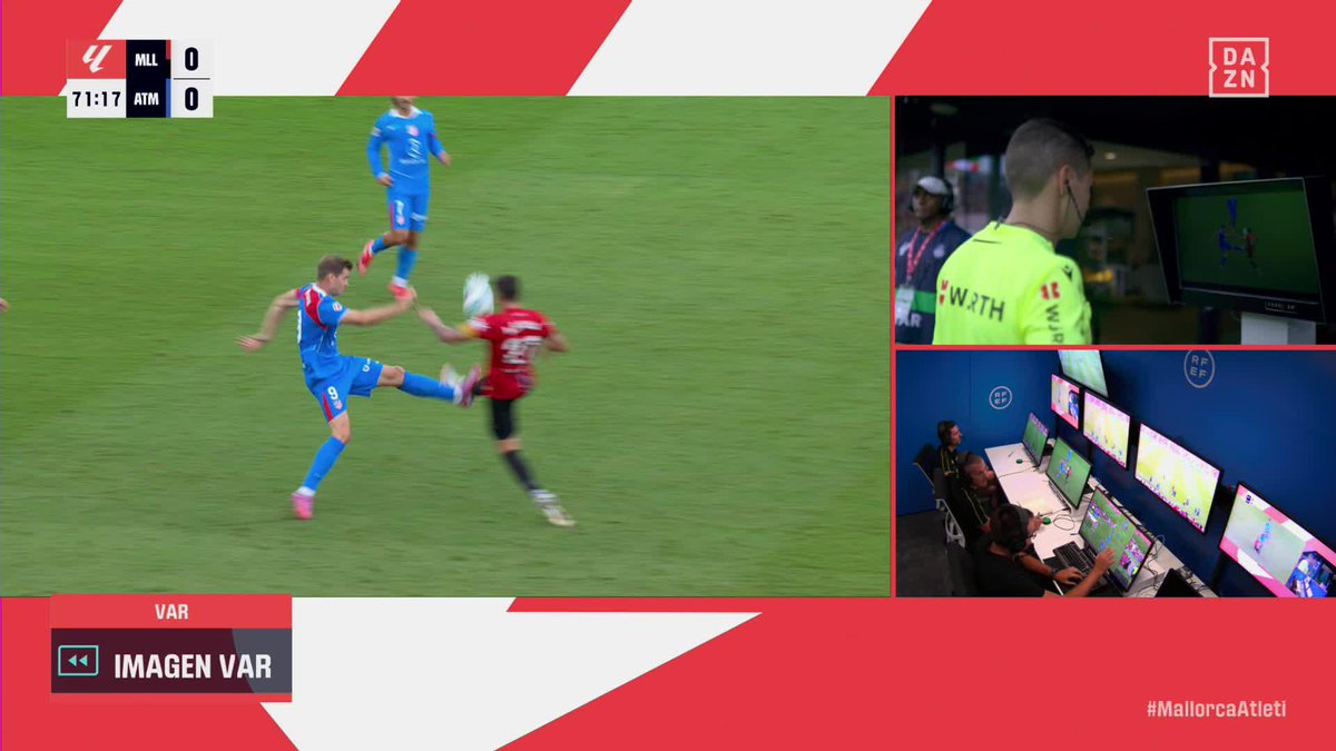 #Mallorca #Atlético 👟 Clavada de tacos de Sorloth sobre Raíllo por encima del tobillo pero no creo que haya fuerza excesiva. 📌 PARA MÍ ES TEMERARIA (🟨) 👮🏻♂️:✅️ 📺:❌️ ▪️No me parece de Var al no ser un error MANIFIESTO. Estando yo en el Var no...