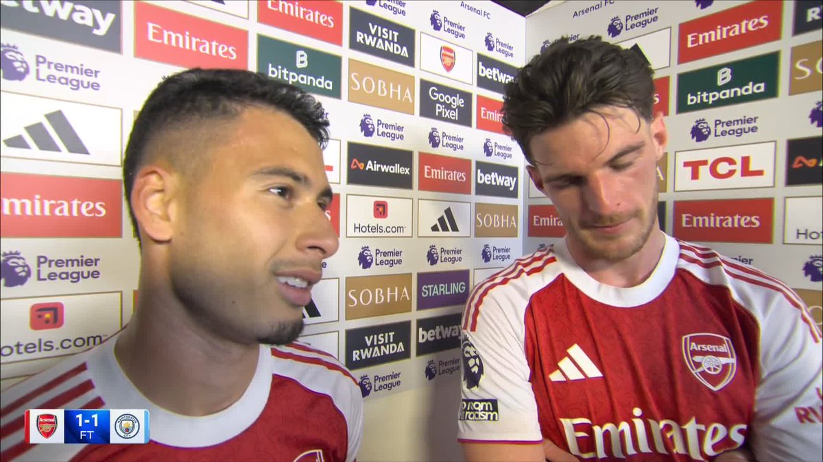 "With the players that we have, we make those runs and we get those chances." Gabriel Martinelli and Declan Rice reflect on the crucial equaliser and the half-time message that sparked Arsenal’s comeback ⭐️