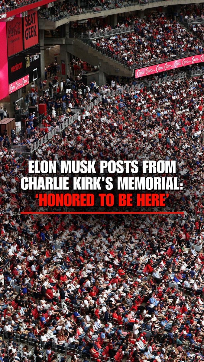 "All for Charlie Kirk." Elon Musk posts video from Charlie Kirk memorial: "Every seat in this giant arena that isnโt roped off for security is packed to the ceiling."