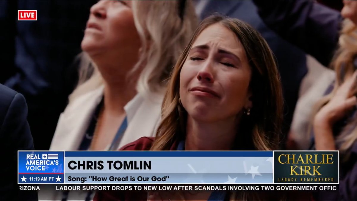 "HOW GREAT IS OUR GOD" @ChrisTomlin leads a worship song at Charlie Kirk's service.