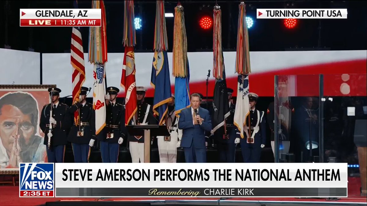 JUST NOW: Singer Steve Amerson performs the National Anthem as thousands gather to celebrate Charlie Kirk's life and legacy.
