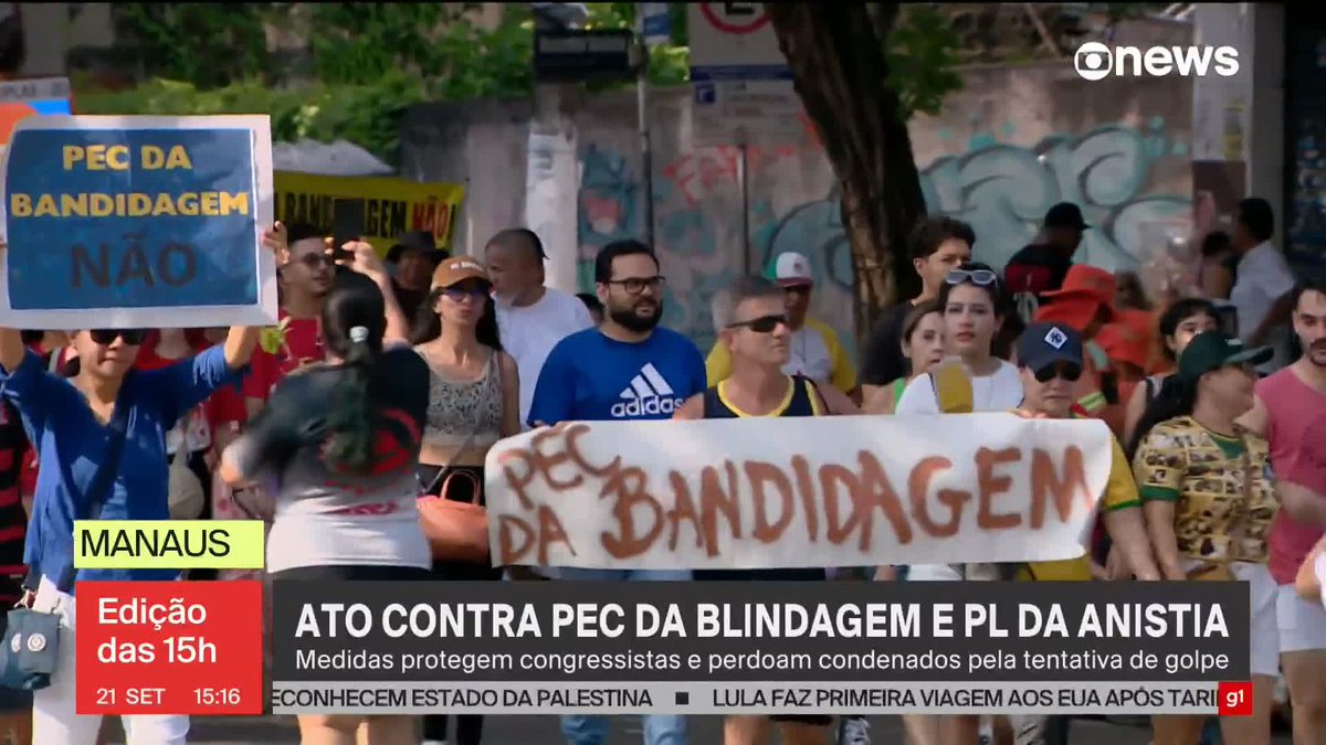 Manifestantes realizam atos em várias cidades contra a PEC da Blindagem e o projeto que anistia pessoas condenadas pelo 8 de janeiro. Veja os protestos no Distrito Federal, em Belo Horizonte, Salvador, Natal, Maceió, João Pessoa, Manaus, São Luís, Belém e Teresina. ➡ Assista na #GloboNews: