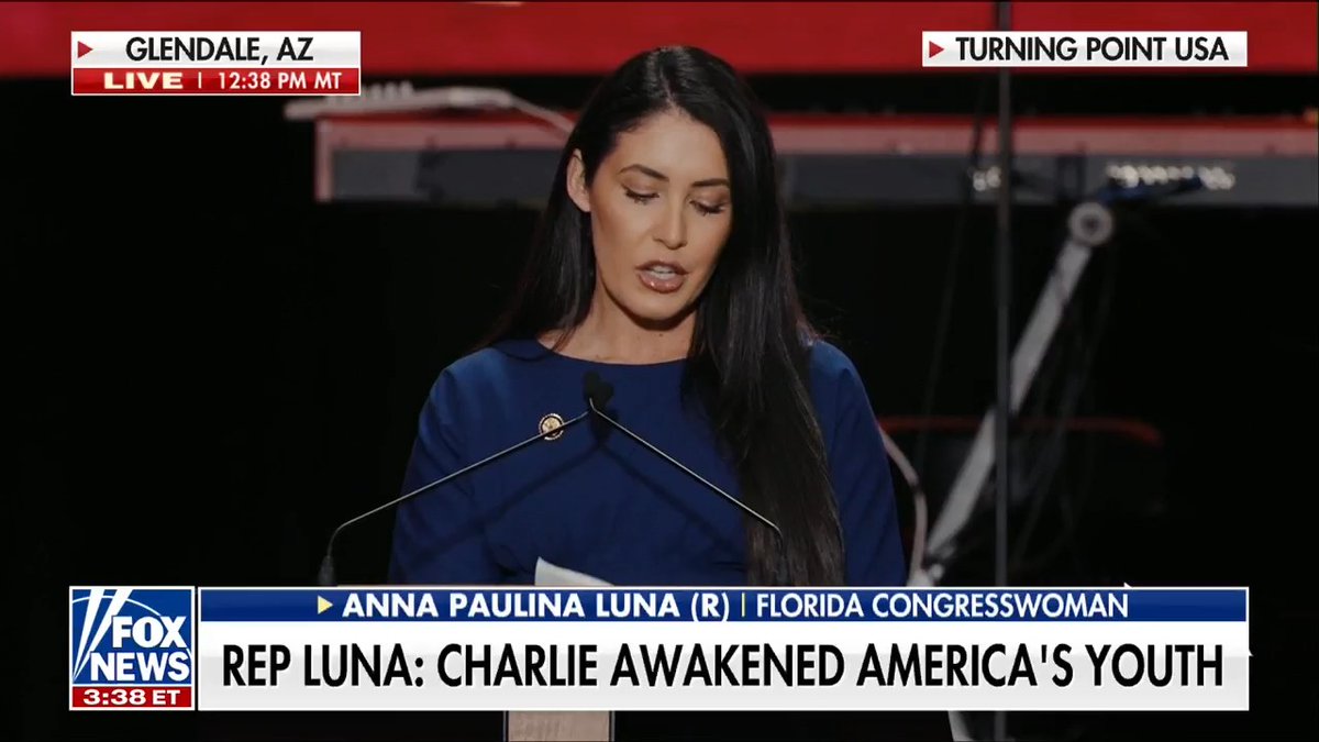 ANNA PAULINA LUNA: "Will you live boldly as Charlie did? Will you rise to the challenge as Charlie did?" "Will you speak truth without fear as Charlie did? And will you pray with unwavering faith as Charlie did?" "We are all Charlie Kirk now."