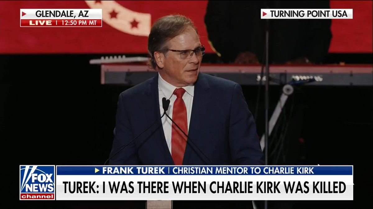 "I want you to know that Charlie right now is in Heaven.." Charlie Kirk's mentor Frank Turek who was with him when he was shot, speaks at his memorial service in Arizona.