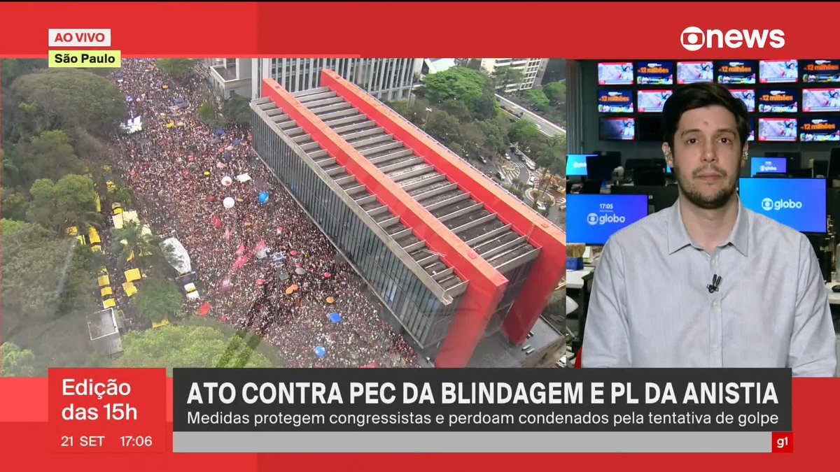 Segundo o Monitor do Debate Político da USP, a manifestação contra a PEC da Blindagem e o PL da anistia em frente ao Masp, na Avenida Paulista, contou com 42,3 mil em seu horário de pico, às 16h. Joel Pinheiro 🇧🇷 compara com a manifestação com o ato bolsonarista no 7 de setembro, que levou 42,2 mil pessoas, e analisa: “Isso é uma boa notícia para o lado da esquerda”. Entenda por quê. ➡ Assista na #GloboNews: