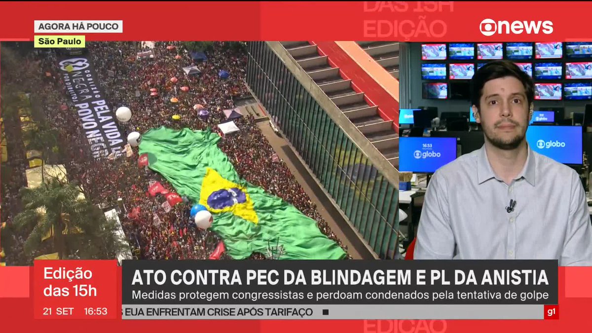 “Se na manifestação bolsonarista estenderam a bandeira americana, aqui está a resposta: na manifestação da esquerda, a bandeira brasileira. (...) Ao apostar suas esperanças justamente numa intervenção estrangeira hostil, a direita bolsonarista entregou para a esquerda a bandeira brasileira”, diz Joel Pinheiro 🇧🇷 sobre a gigantesca bandeira brasileira no ato contra a PEC da Blindagem e o PL da anistia em frente ao Masp, na Avenida Paulista. ➡ Assista na #GloboNews: