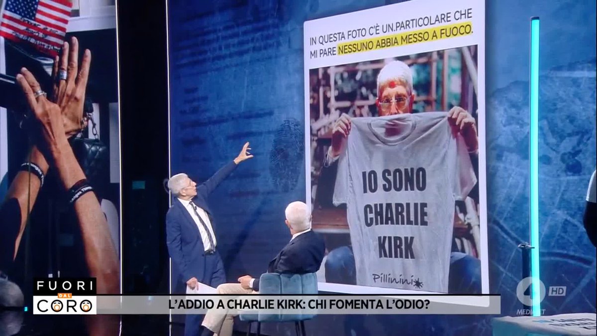 Un post con la foto di Mario Giordano che tiene in mano la maglietta "Io sono Charlie Kirk" e con un bollino rosso (aggiunto dall'autore del post) sulla testa. "Invita a spararmi in testa. Non faccio qui il nome dell'autore del post ma lo farò in tribunale". #Fuoridalcoro