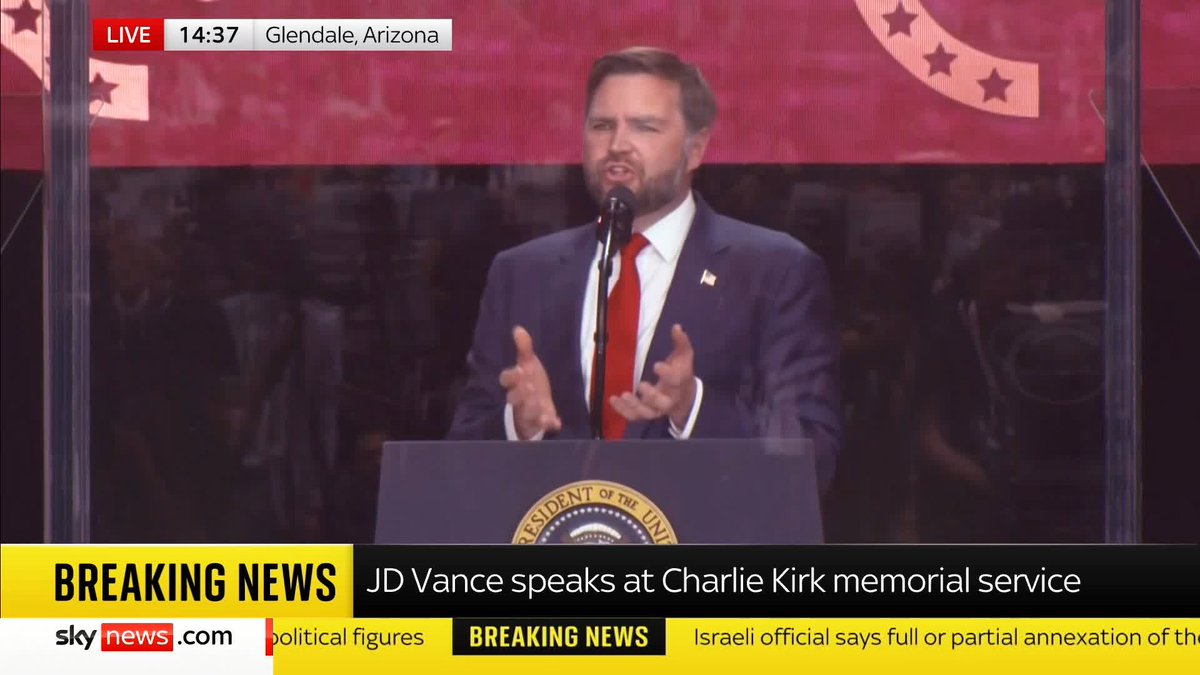 BREAKING: "In Charlie Kirk, we found a great American leader." US Vice President JD Vance addresses crowds at a memorial service for Charlie Kirk in Arizona. Follow live: 📺 Sky 501, Virgin 602, Freeview 233 and YouTube