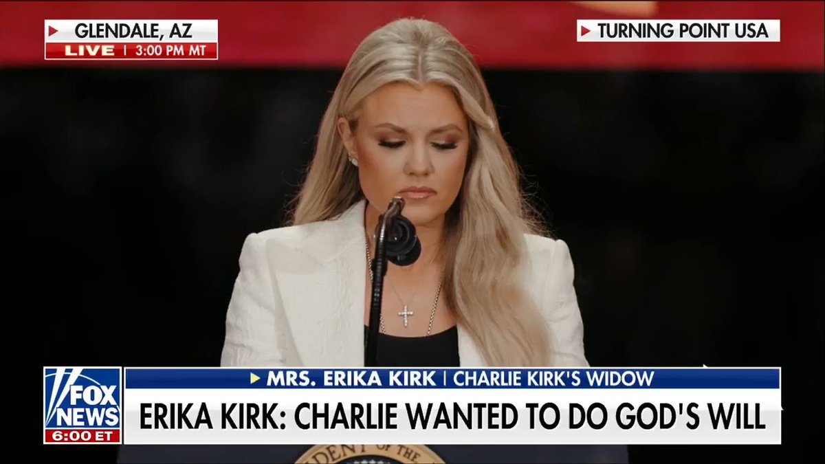 ERIKA KIRK delivers emotional address at her late husband Charlie Kirk's memorial: "He blinked and saw his Savior in paradise."