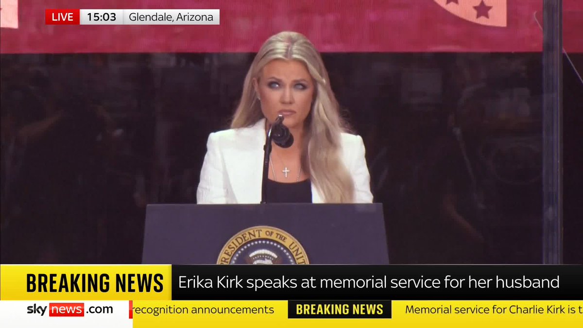 'After Charlie's assassination we didn't see violence, we didn't see rioting, we didn't see revolution instead we saw revival' Erika Kirk speaks at a memorial service for her husband Charlie Kirk Follow live: Sky 501, Virgin 602