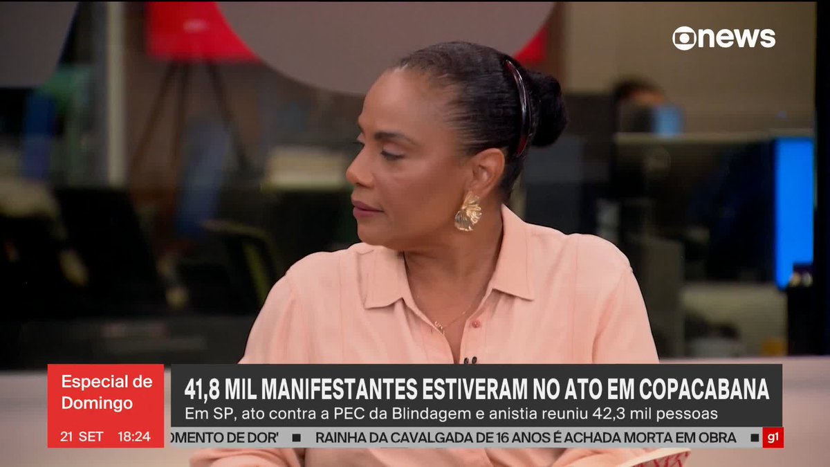 “Não é trivial, especificamente no caso do Rio de Janeiro, você ter, pelo campo progressista, uma manifestação gestada a partir dos movimentos sociais de indignação expressada pela sociedade civil em redes sociais, que acabou levando a essa manifestação absolutamente imprevista”, diz Flávia Oliveira sobre o ato contra a PEC da Blindagem e o PL da anistia que levou, segundo o Monitor da USP, 41,8 mil pessoas à Praia de Copacabana, Zona Sul do Rio. “E me parece que hoje, nas ruas, a gente vê a expressão da sociedade que já estava manifestada de forma invisível, sugerida em pesquisas e na mobilização pelas redes sociais. Foi uma onda de manifestações gestada a partir da sociedade civil e pelo campo progressista, mas ela não se resume. Essa insatisfação não está só na esquerda ou no campo progressista.” ➡ Assista na #GloboNews: