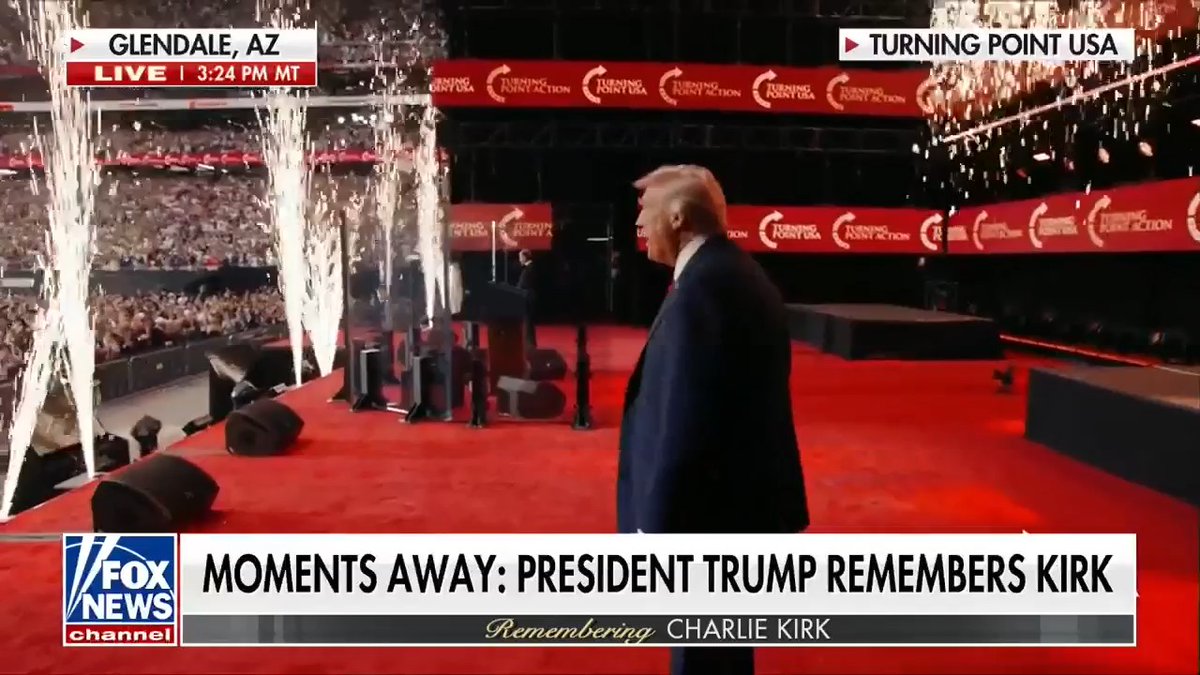 NOW: President Trump takes the stage at Charlie Kirk's memorial as Lee Greenwood performs 'God Bless the USA.'