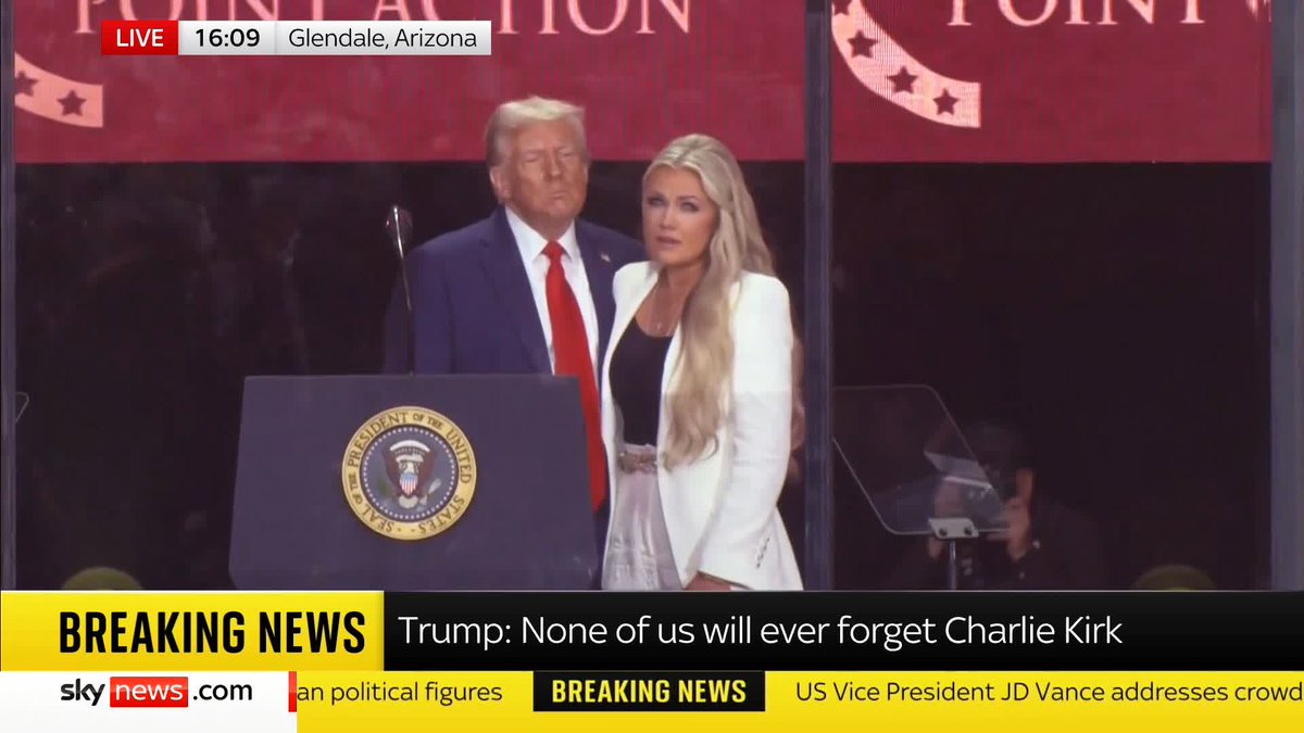 US President Donald Trump and Erika Kirk embrace at the end of Charlie Kirk's memorial service in Arizona Follow live: Sky 501, Virgin 602