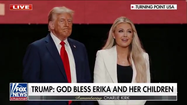 NOW: President Trump and Erika Kirk embrace at the conclusion of a moving memorial service honoring Charlie Kirk’s life, legacy, and lasting impact.