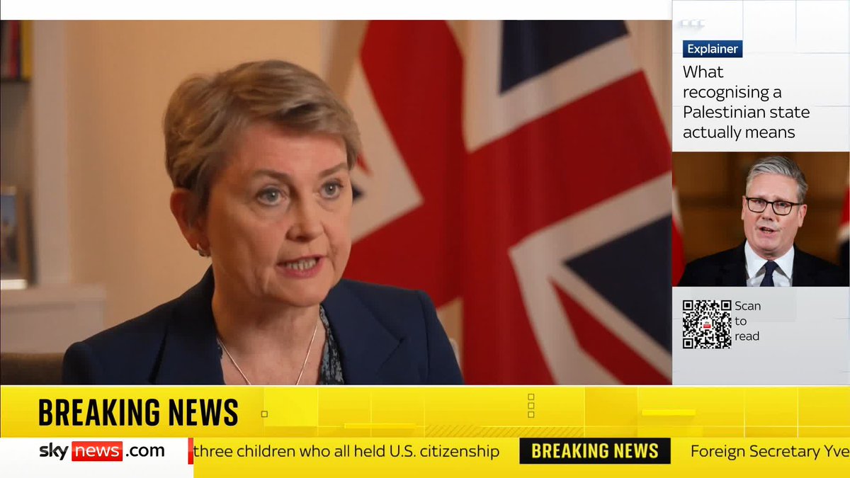 "It's the only lasting way to get peace and solution for the region" Foreign Secretary Yvette Cooper speaks on the "historic" step the UK is taking to recognise Palestine 📺 Sky 501, Virgin 602, Freeview 233 and YouTube