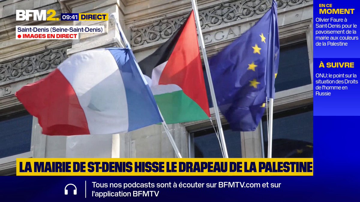 Le drapeau de la Palestine a été hissé sur la façade de la mairie de la ville de Saint-Denis #BFM2