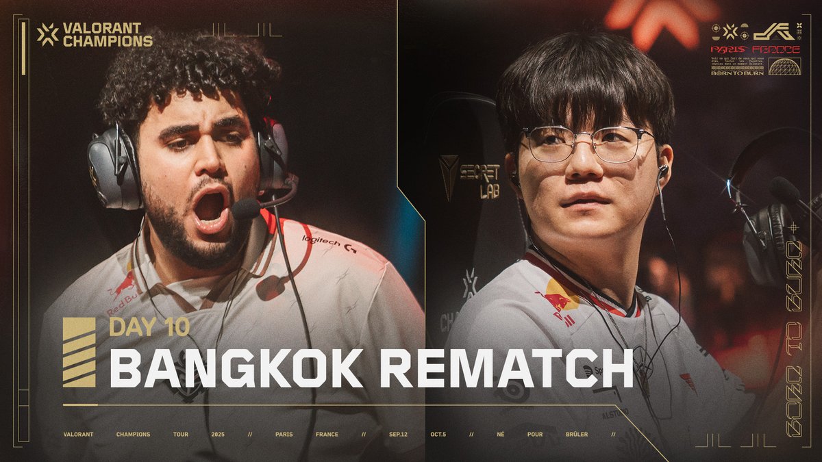 The final day of Groups. A Masters Bangkok rematch. And the last two playoff seats on the line. Don't miss all the action of Day 10 with matches between T1 VALORANT and G2 VALORANT then MADE IN BRAZIL. and Team RRQ! Live at