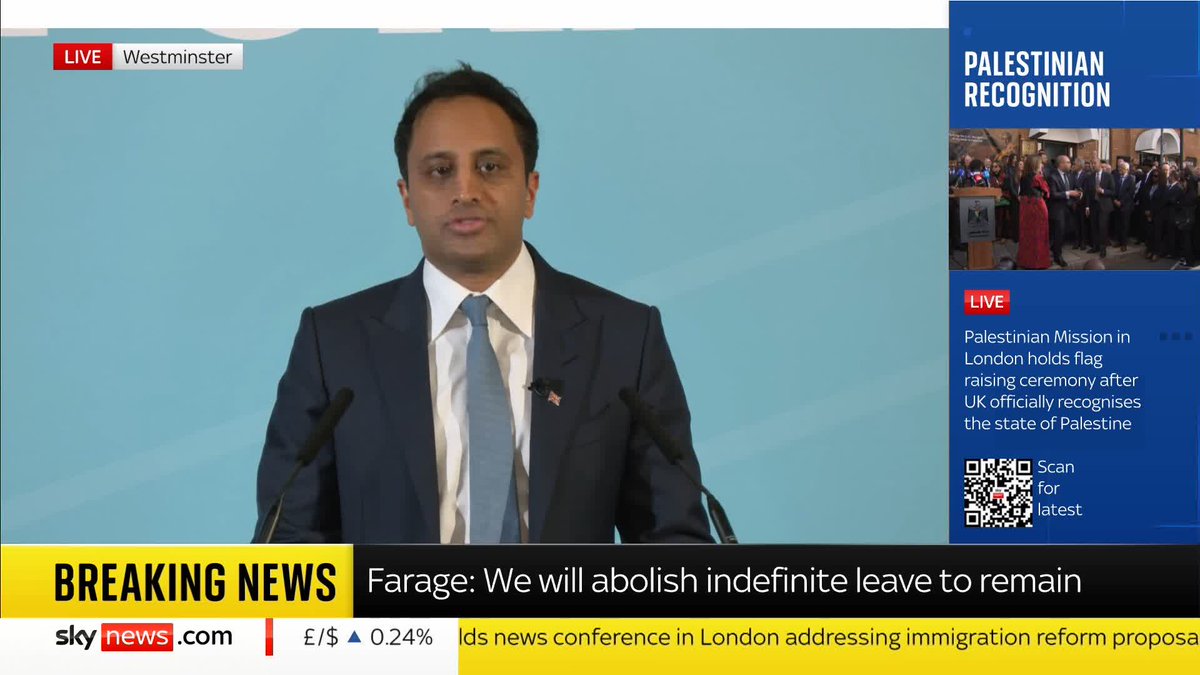 Reform UK holds news conference in London addressing immigration reform proposals. Their solution is to abolish indefinite leave to remain, and replace it with a five-year renewable work visa, with a "materially higher" salary threshold.