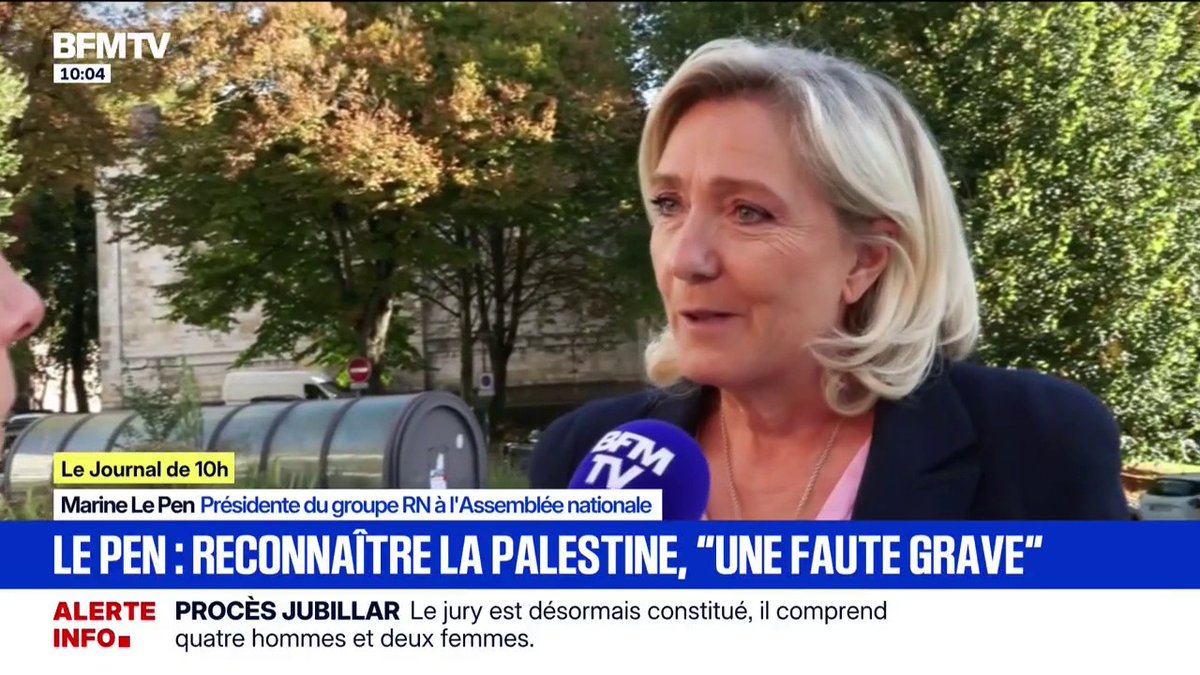 🇫🇷 | Marine Le Pen declaró que «el reconocimiento de Palestina hoy es un gravísimo error, sobre todo para los países que luchan contra el terrorismo islamista».